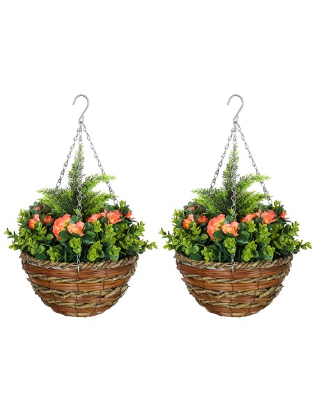 Outsunny Pack of 2 Faux Plant Artificial Lisianthus Flowers Hanging Planter with Basket for Indoor Outdoor Decoration, Orange - pic 122997 | FastDaddyshop