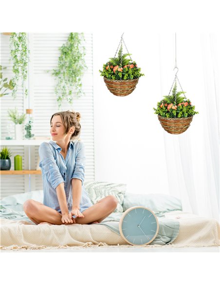 Outsunny Pack of 2 Faux Plant Artificial Lisianthus Flowers Hanging Planter with Basket for Indoor Outdoor Decoration, Orange - pic 122998 | FastDaddyshop