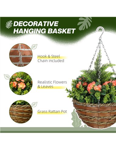 Outsunny Pack of 2 Faux Plant Artificial Lisianthus Flowers Hanging Planter with Basket for Indoor Outdoor Decoration, Orange