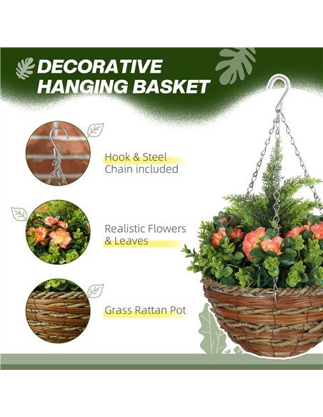 Outsunny Pack of 2 Faux Plant Artificial Lisianthus Flowers Hanging Planter with Basket for Indoor Outdoor Decoration, Orange - pic 123000 | FastDaddyshop