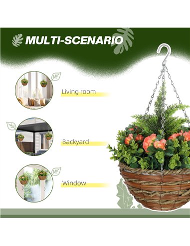 Outsunny Pack of 2 Faux Plant Artificial Lisianthus Flowers Hanging Planter with Basket for Indoor Outdoor Decoration, Orange