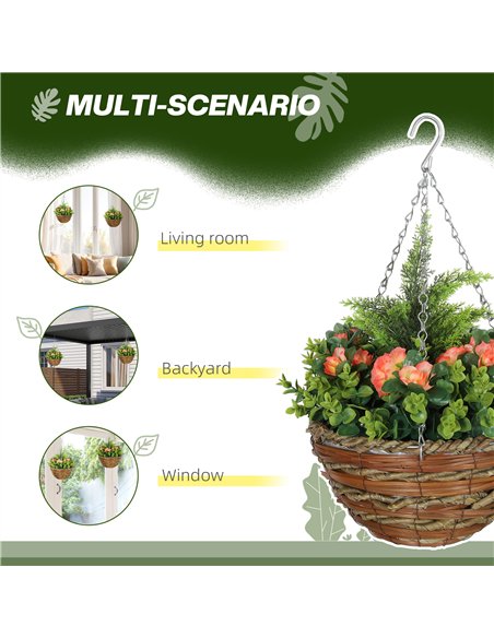 Outsunny Pack of 2 Faux Plant Artificial Lisianthus Flowers Hanging Planter with Basket for Indoor Outdoor Decoration, Orange - pic 123001 | FastDaddyshop