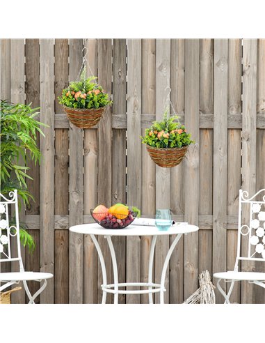 Outsunny Pack of 2 Faux Plant Artificial Lisianthus Flowers Hanging Planter with Basket for Indoor Outdoor Decoration, Orange