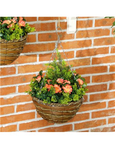 Outsunny Pack of 2 Faux Plant Artificial Lisianthus Flowers Hanging Planter with Basket for Indoor Outdoor Decoration, Orange