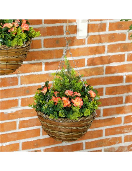 Outsunny Pack of 2 Faux Plant Artificial Lisianthus Flowers Hanging Planter with Basket for Indoor Outdoor Decoration, Orange - pic 123005 | FastDaddyshop