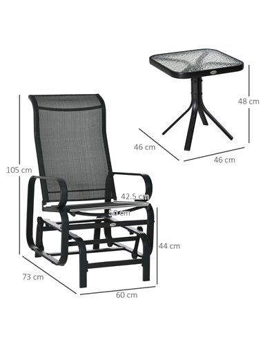 Outsunny 3 PCs Outdoor Gliding Rocking Chair With Tea Table Patio Garden Comfortable Swing Chair Black