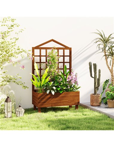 Outsunny Garden Planters with Trellis for Vine Climbing, Distressed Wooden Raised Beds, 90x43x150cm, Brown