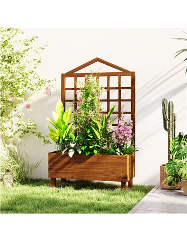Outsunny Garden Planters with Trellis for Vine Climbing, Distressed Wooden Raised Beds, 90x43x150cm, Brown