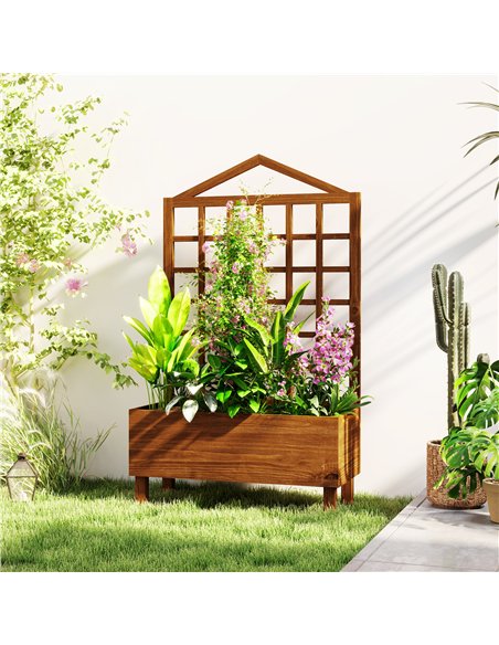 Outsunny Garden Planters with Trellis for Vine Climbing, Distressed Wooden Raised Beds, 90x43x150cm, Brown - pic 123050 | FastDaddyshop