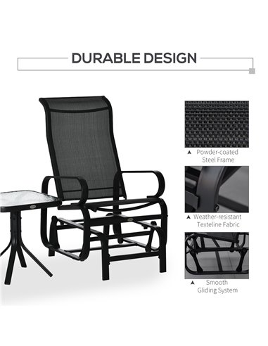 Outsunny 3 PCs Outdoor Gliding Rocking Chair With Tea Table Patio Garden Comfortable Swing Chair Black