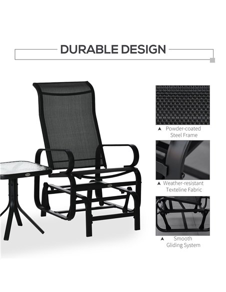 Outsunny 3 PCs Outdoor Gliding Rocking Chair With Tea Table Patio Garden Comfortable Swing Chair Black - pic 12306 | FastDaddyshop