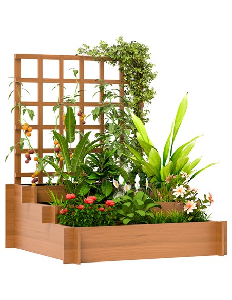 Outsunny 3 Tier Garden Planters with Trellis for Vine Climbing, Wooden Raised Beds, 95x95x110cm, Brown - pic 123069 | FastDaddyshop