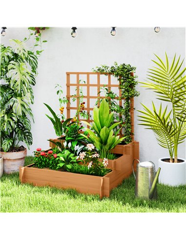 Outsunny 3 Tier Garden Planters with Trellis for Vine Climbing, Wooden Raised Beds, 95x95x110cm, Brown