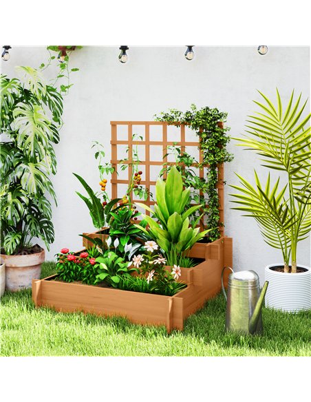 Outsunny 3 Tier Garden Planters with Trellis for Vine Climbing, Wooden Raised Beds, 95x95x110cm, Brown - pic 123070 | FastDaddyshop