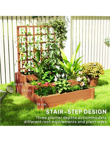 Outsunny 3 Tier Garden Planters with Trellis for Vine Climbing, Wooden Raised Beds, 95x95x110cm, Brown