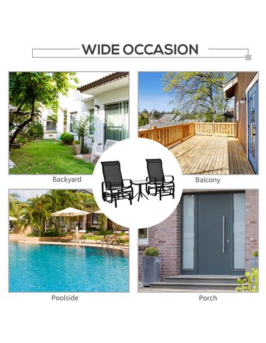 Outsunny 3 PCs Outdoor Gliding Rocking Chair With Tea Table Patio Garden Comfortable Swing Chair Black