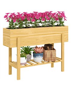 Outsunny Wooden Raised Garden Bed, Elevated Planter Box with Bed Liner, Drainage Holes and Storage Shelf, Raised Planter for Veg