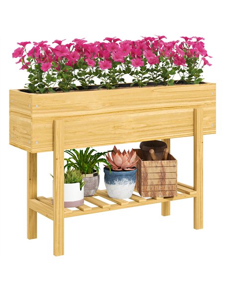 Outsunny Wooden Raised Garden Bed, Elevated Planter Box with Bed Liner, Drainage Holes and Storage Shelf, Raised Planter for Veg - pic 123150 | FastDaddyshop
