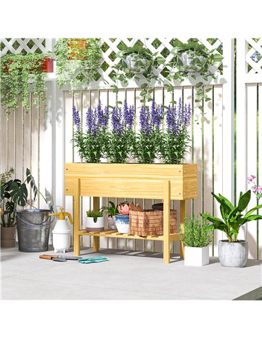 Outsunny Wooden Raised Garden Bed, Elevated Planter Box with Bed Liner, Drainage Holes and Storage Shelf, Raised Planter for Veg