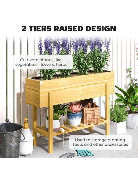 Outsunny Wooden Raised Garden Bed, Elevated Planter Box with Bed Liner, Drainage Holes and Storage Shelf, Raised Planter for Veg - pic 123153 | FastDaddyshop