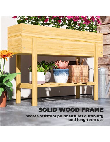 Outsunny Wooden Raised Garden Bed, Elevated Planter Box with Bed Liner, Drainage Holes and Storage Shelf, Raised Planter for Veg