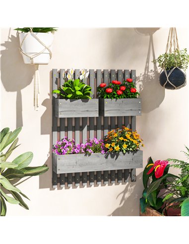 Outsunny Wall-mounted Wooden Garden Planters with Trellis, Drainage Holes and 3 Planter Boxes for Patio, Grey
