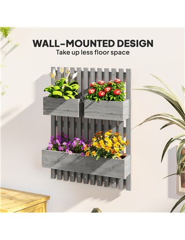 Outsunny Wall-mounted Wooden Garden Planters with Trellis, Drainage Holes and 3 Planter Boxes for Patio, Grey