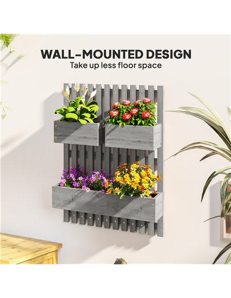 Outsunny Wall-mounted Wooden Garden Planters with Trellis, Drainage Holes and 3 Planter Boxes for Patio, Grey - pic 123162 | FastDaddyshop