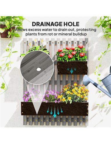 Outsunny Wall-mounted Wooden Garden Planters with Trellis, Drainage Holes and 3 Planter Boxes for Patio, Grey