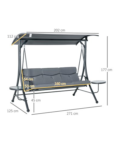 Outsunny 3 Seater Garden Swing Chair with Adjustable Canopy, Cushion and Coffee Tables for Outdoor Patio Garden Grey