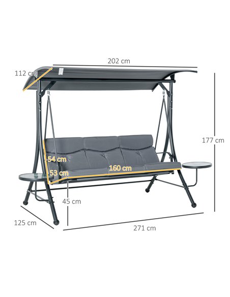 Outsunny 3 Seater Garden Swing Chair with Adjustable Canopy, Cushion and Coffee Tables for Outdoor Patio Garden Grey - pic 12320 | FastDaddyshop