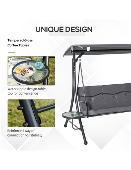 Outsunny 3 Seater Garden Swing Chair with Adjustable Canopy, Cushion and Coffee Tables for Outdoor Patio Garden Grey - pic 12323 | FastDaddyshop