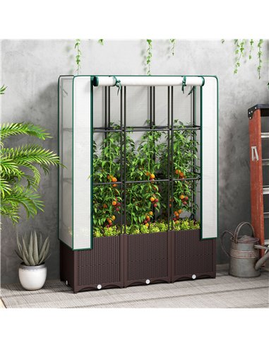 Outsunny Raised Garden Bed with Trellis, Plastic Planter Box with Drainage Holes and Drain Plugs for Climbing Plants, Vegetables
