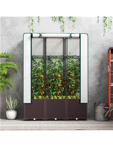 Outsunny Raised Garden Bed with Trellis, Plastic Planter Box with Drainage Holes and Drain Plugs for Climbing Plants, Vegetables