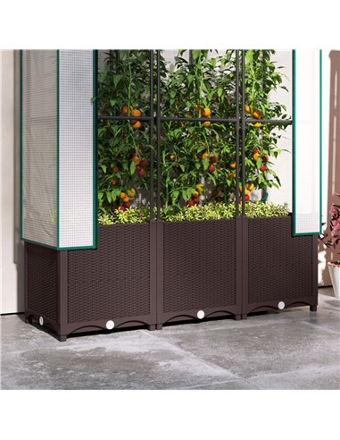 Outsunny Raised Garden Bed with Trellis, Plastic Planter Box with Drainage Holes and Drain Plugs for Climbing Plants, Vegetables