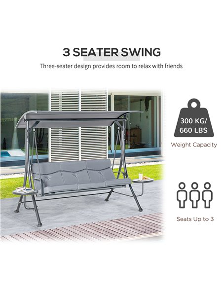 Outsunny 3 Seater Garden Swing Chair with Adjustable Canopy, Cushion and Coffee Tables for Outdoor Patio Garden Grey - pic 12324 | FastDaddyshop