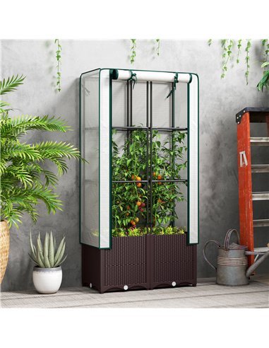 Outsunny Raised Garden Bed with Trellis, Plastic Planter Box with Drainage Holes and Drain Plugs for Climbing Plants, Vegetables