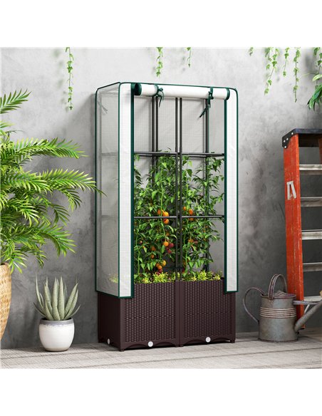 Outsunny Raised Garden Bed with Trellis, Plastic Planter Box with Drainage Holes and Drain Plugs for Climbing Plants, Vegetables - pic 123241 | FastDaddyshop