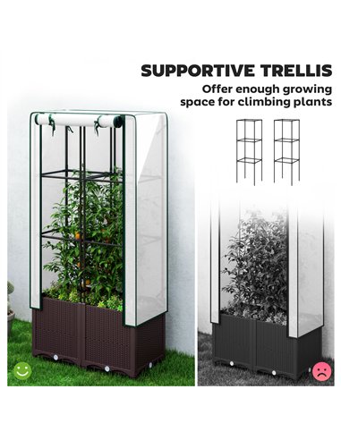 Outsunny Raised Garden Bed with Trellis, Plastic Planter Box with Drainage Holes and Drain Plugs for Climbing Plants, Vegetables