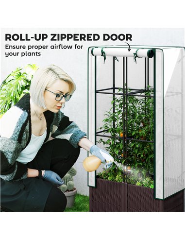 Outsunny Raised Garden Bed with Trellis, Plastic Planter Box with Drainage Holes and Drain Plugs for Climbing Plants, Vegetables