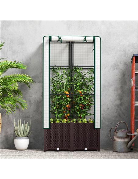 Outsunny Raised Garden Bed with Trellis, Plastic Planter Box with Drainage Holes and Drain Plugs for Climbing Plants, Vegetables - pic 123247 | FastDaddyshop