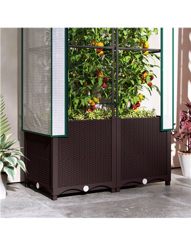 Outsunny Raised Garden Bed with Trellis, Plastic Planter Box with Drainage Holes and Drain Plugs for Climbing Plants, Vegetables