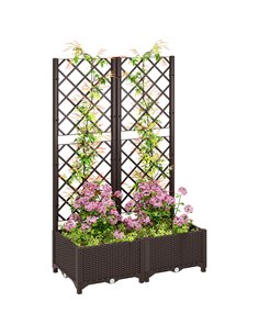 Outsunny Raised Garden Bed with Trellis, Plastic Planter Box with Drainage Holes and Drain Plugs for Climbing Plants, Vegetables