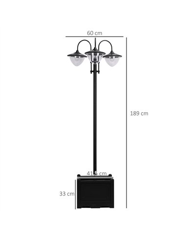 Outsunny 189cm 3-head Solar Lamp Post, Street Light with Planter, Automatic-on, 6 Hour Max Outdoor Ready LED Lighting, Black