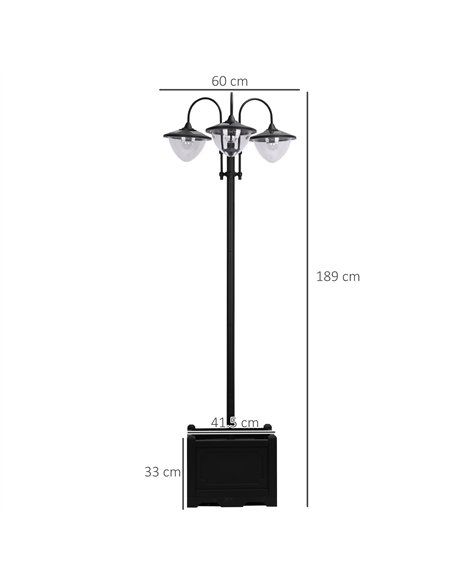 Outsunny 189cm 3-head Solar Lamp Post, Street Light with Planter, Automatic-on, 6 Hour Max Outdoor Ready LED Lighting, Black - pic 123269 | FastDaddyshop