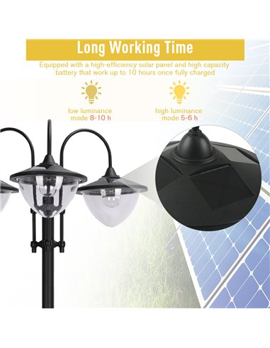 Outsunny 189cm 3-head Solar Lamp Post, Street Light with Planter, Automatic-on, 6 Hour Max Outdoor Ready LED Lighting, Black