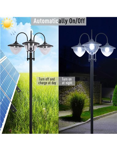Outsunny 189cm 3-head Solar Lamp Post, Street Light with Planter, Automatic-on, 6 Hour Max Outdoor Ready LED Lighting, Black