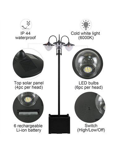 Outsunny 189cm 3-head Solar Lamp Post, Street Light with Planter, Automatic-on, 6 Hour Max Outdoor Ready LED Lighting, Black