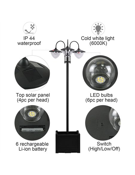 Outsunny 189cm 3-head Solar Lamp Post, Street Light with Planter, Automatic-on, 6 Hour Max Outdoor Ready LED Lighting, Black - pic 123272 | FastDaddyshop