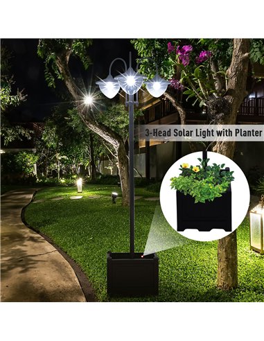 Outsunny 189cm 3-head Solar Lamp Post, Street Light with Planter, Automatic-on, 6 Hour Max Outdoor Ready LED Lighting, Black